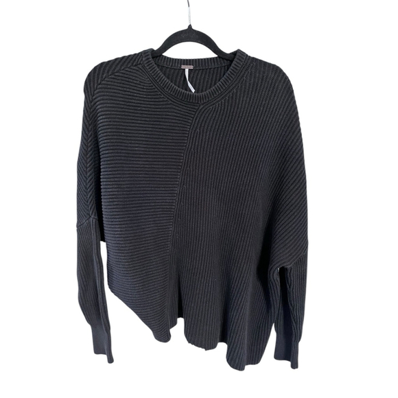 Free People Asymmetrical Ribbed Black Sweater Size Small Long Sleeve Casual - Picture 1 of 5